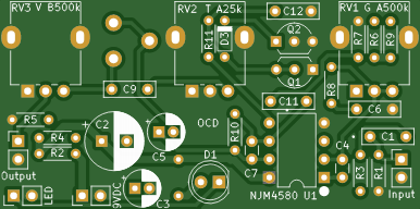 Alternate PCB for ADHD guitar overdrive at PedalPCB.com for embedding into modular combo guitar pedal.
